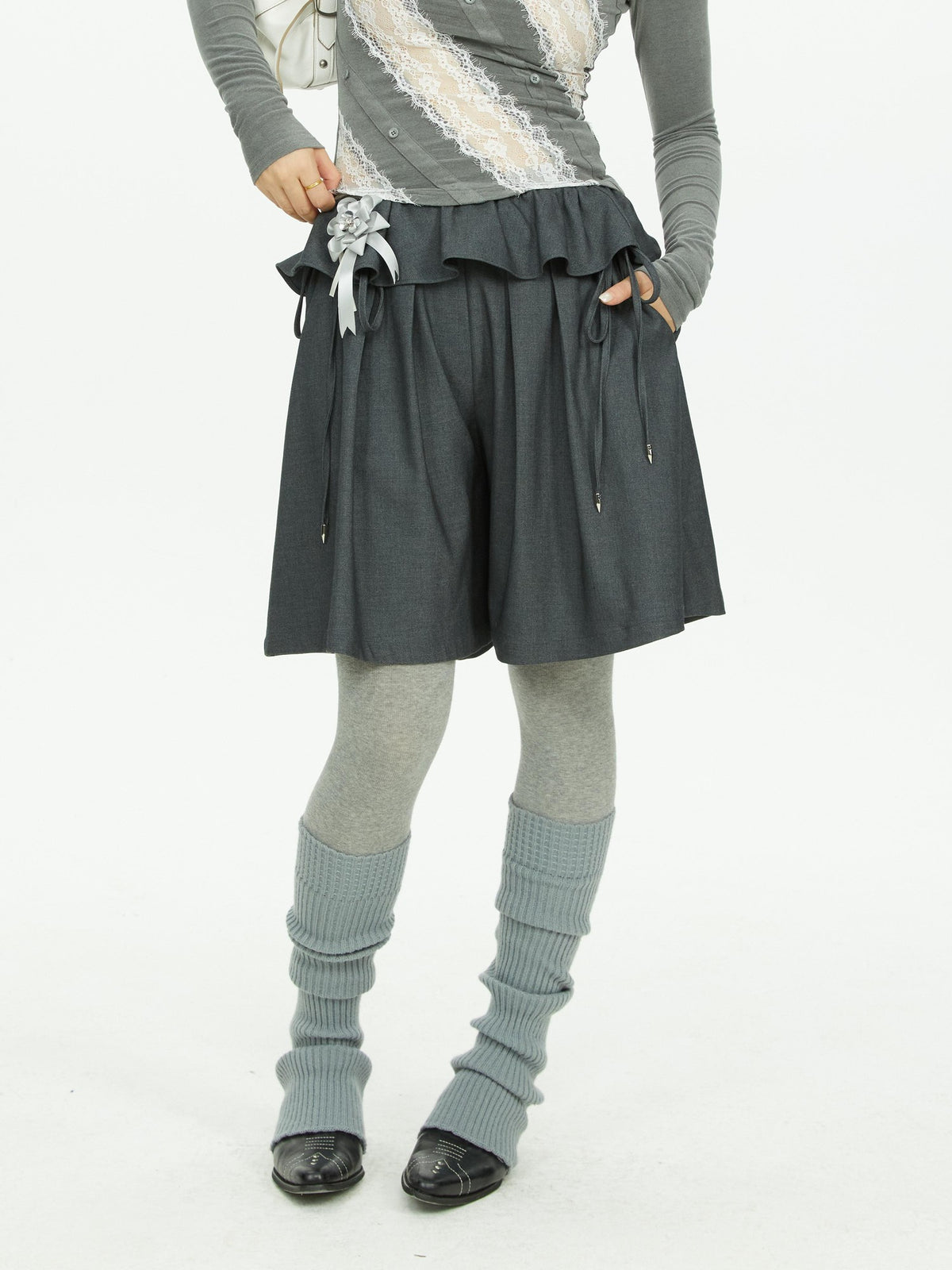 YOSHUYUKI Lace Trim Wide Leg Polyester Women&
