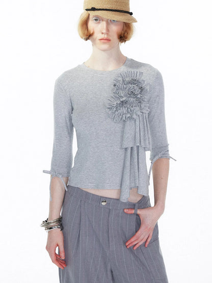 Lace Trimmed Gray Knit Tee With Bow Cuffs