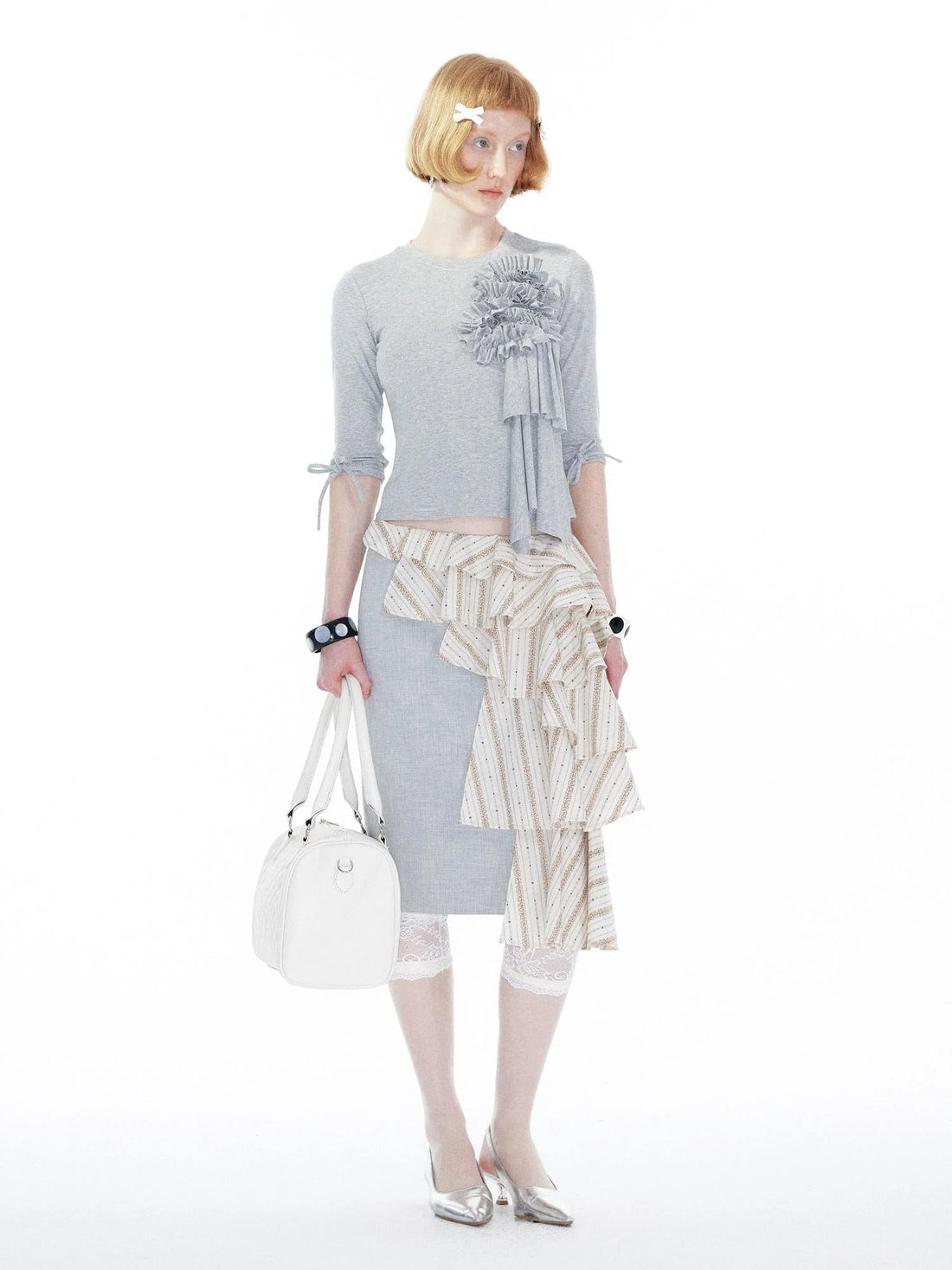 Lace Trimmed Gray Knit Tee With Bow Cuffs
