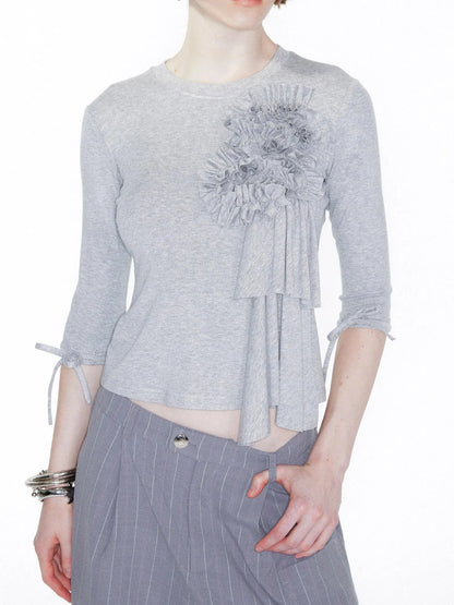 Lace Trimmed Gray Knit Tee With Bow Cuffs