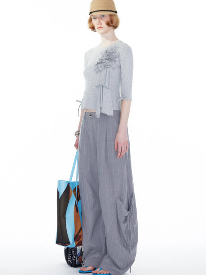 Lace Trimmed Gray Knit Tee With Bow Cuffs