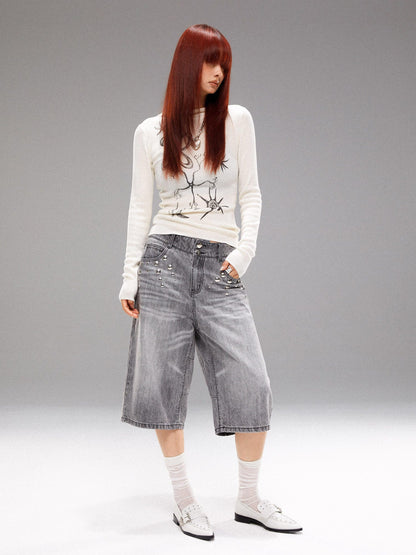 YOSHUYUKI Light Wash Punk Rivet Straight Leg Natural Waist Button Fly Unisex Grey Jeans