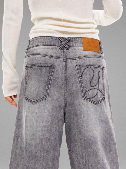 YOSHUYUKI Light Wash Punk Rivet Straight Leg Natural Waist Button Fly Unisex Grey Jeans