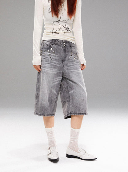 YOSHUYUKI Light Wash Punk Rivet Straight Leg Natural Waist Button Fly Unisex Grey Jeans