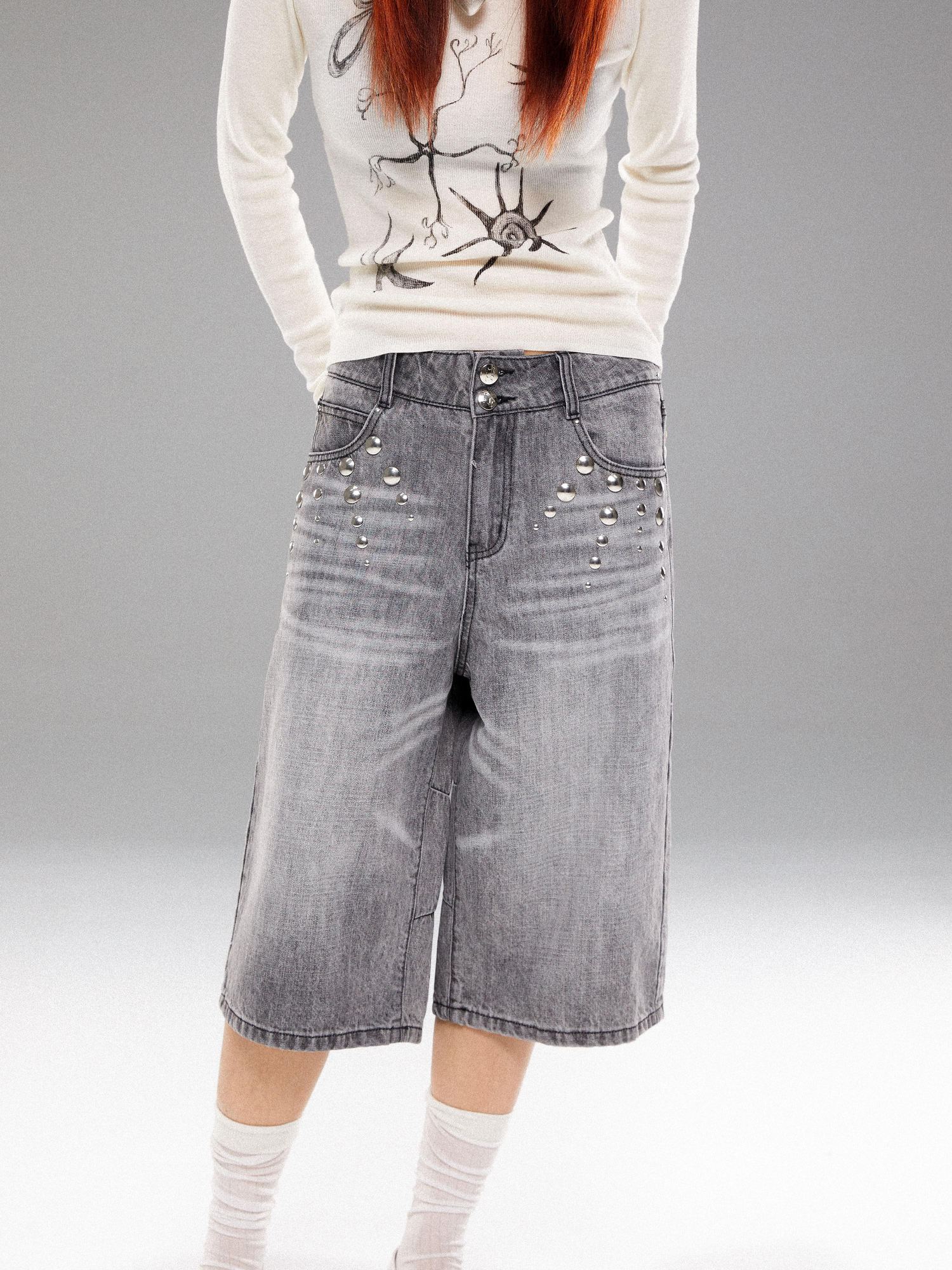 YOSHUYUKI Light Wash Punk Rivet Straight Leg Natural Waist Button Fly Unisex Grey Jeans