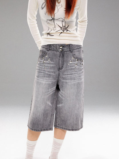 YOSHUYUKI Light Wash Punk Rivet Straight Leg Natural Waist Button Fly Unisex Grey Jeans