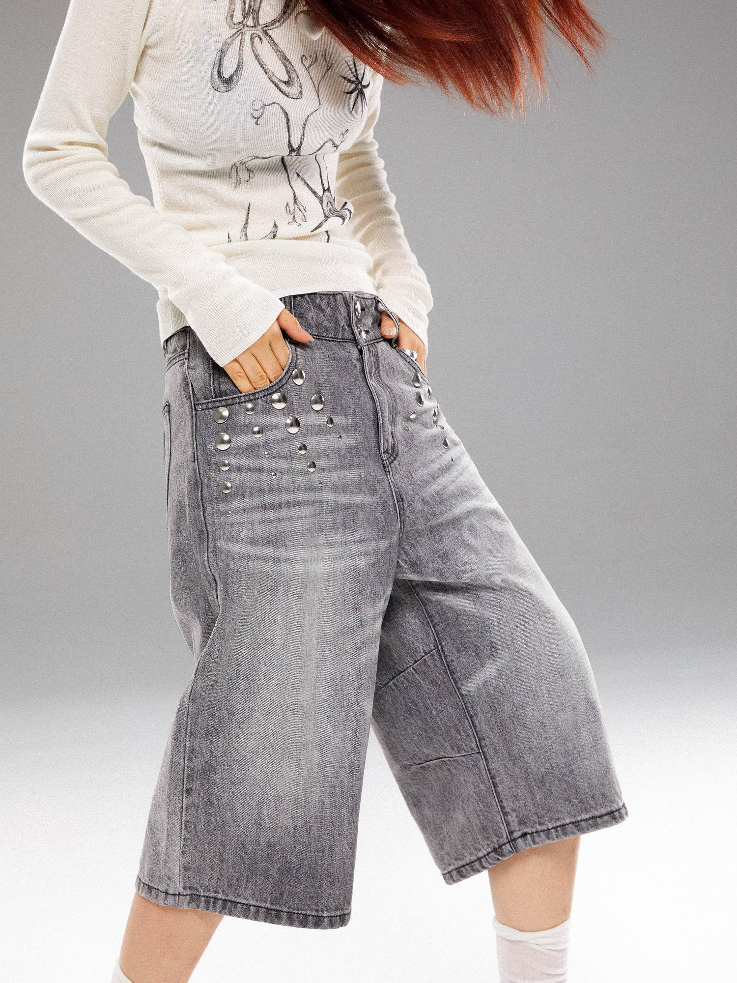 YOSHUYUKI Light Wash Punk Rivet Straight Leg Natural Waist Button Fly Unisex Grey Jeans
