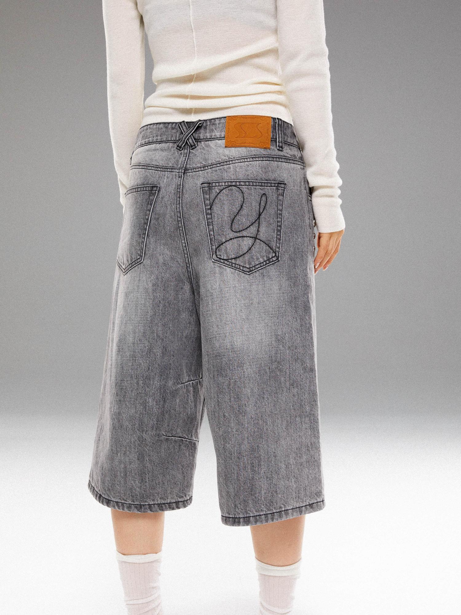 YOSHUYUKI Light Wash Punk Rivet Straight Leg Natural Waist Button Fly Unisex Grey Jeans