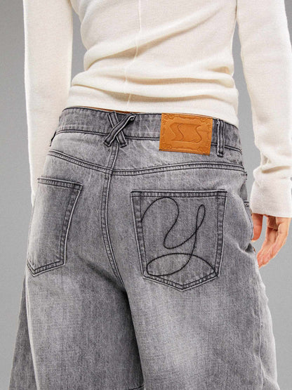 YOSHUYUKI Light Wash Punk Rivet Straight Leg Natural Waist Button Fly Unisex Grey Jeans