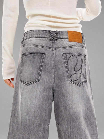 YOSHUYUKI Light Wash Punk Rivet Straight Leg Natural Waist Button Fly Unisex Grey Jeans