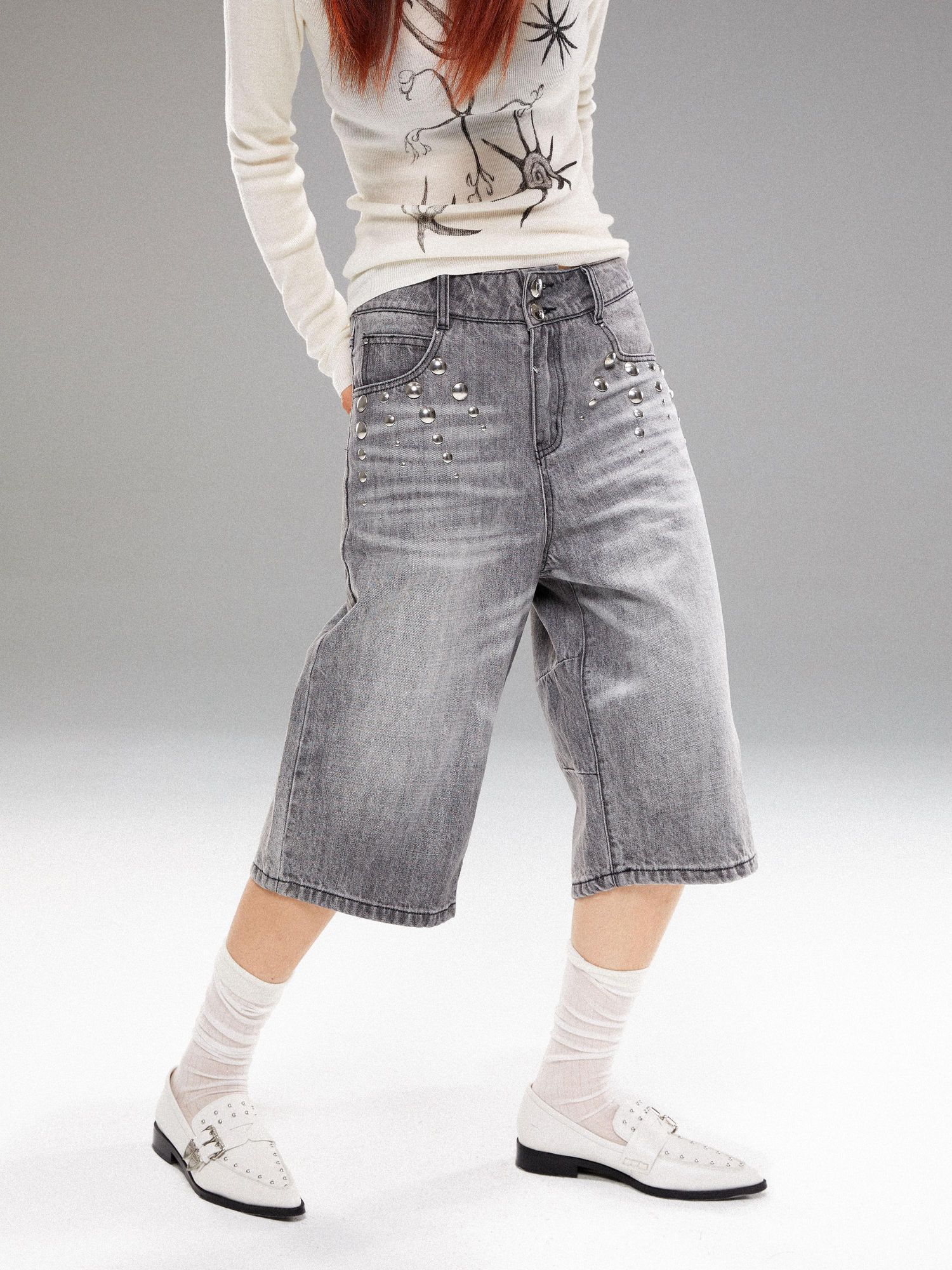 YOSHUYUKI Light Wash Punk Rivet Straight Leg Natural Waist Button Fly Unisex Grey Jeans