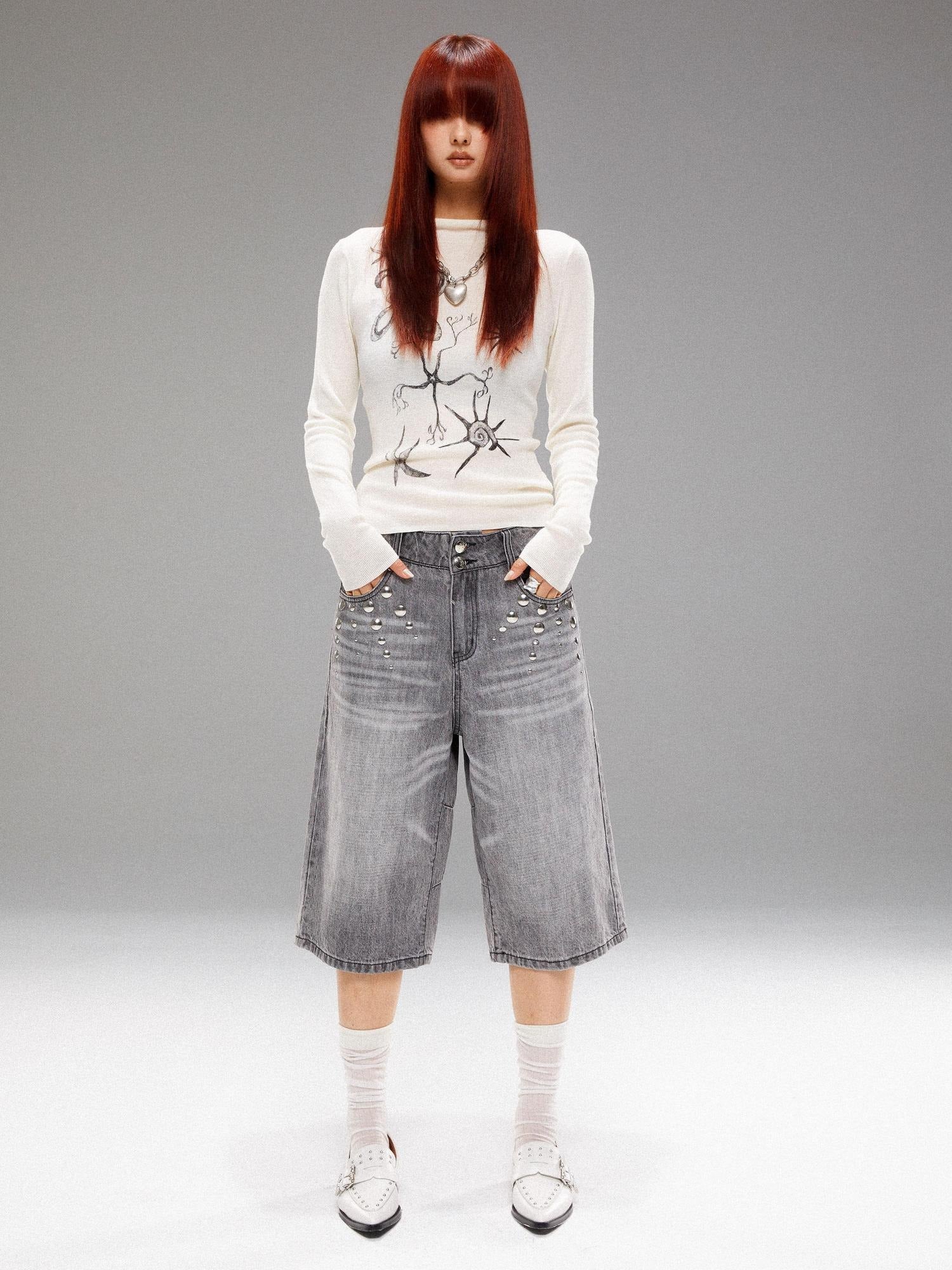 YOSHUYUKI Light Wash Punk Rivet Straight Leg Natural Waist Button Fly Unisex Grey Jeans