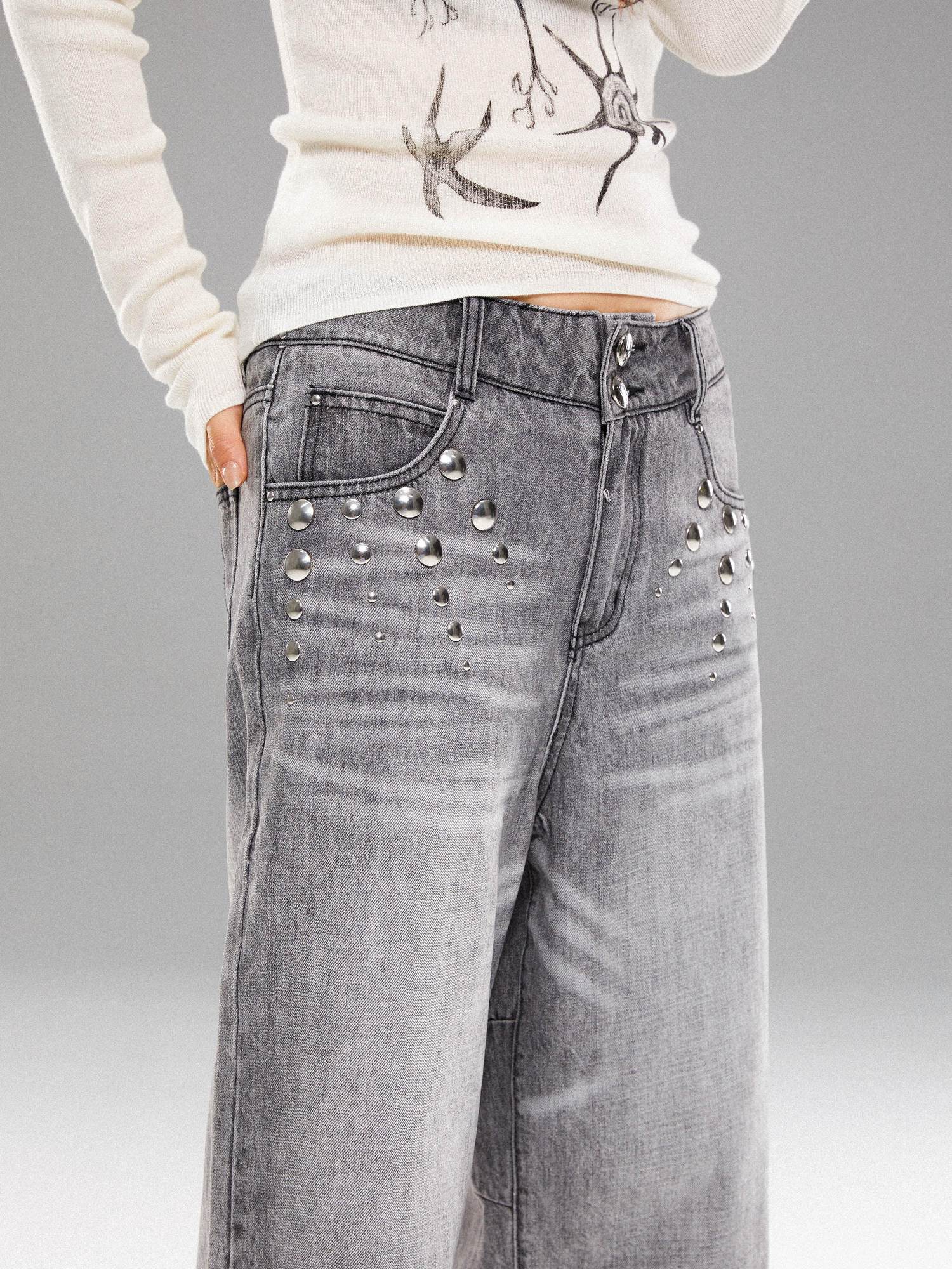 YOSHUYUKI Light Wash Punk Rivet Straight Leg Natural Waist Button Fly Unisex Grey Jeans