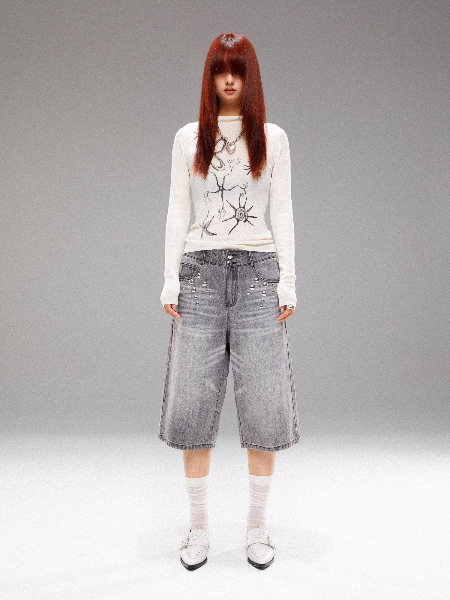 YOSHUYUKI Light Wash Punk Rivet Straight Leg Natural Waist Button Fly Unisex Grey Jeans