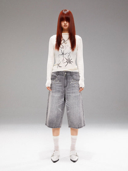 YOSHUYUKI Light Wash Punk Rivet Straight Leg Natural Waist Button Fly Unisex Grey Jeans