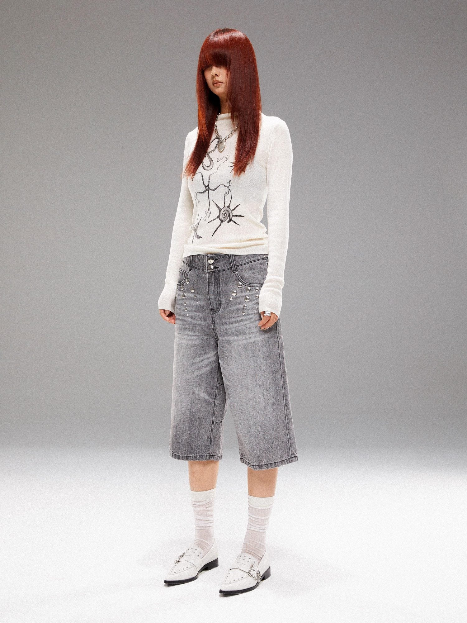 YOSHUYUKI Light Wash Punk Rivet Straight Leg Natural Waist Button Fly Unisex Grey Jeans