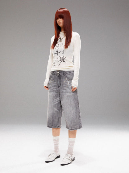 YOSHUYUKI Light Wash Punk Rivet Straight Leg Natural Waist Button Fly Unisex Grey Jeans