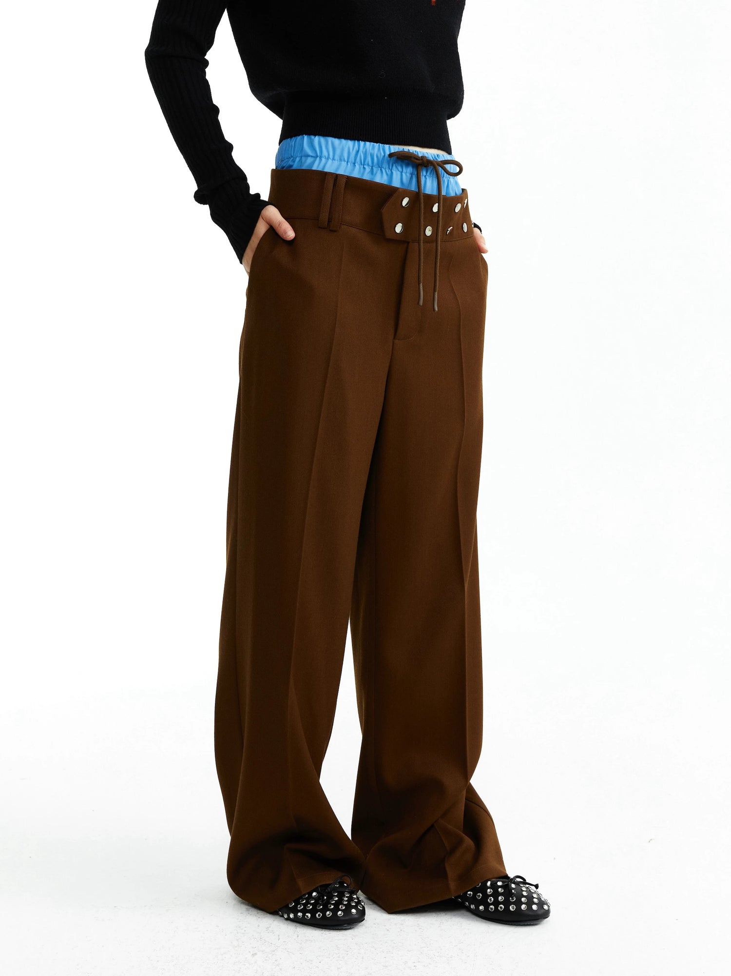 YOSHUYUKI Low Rise Faux Two Piece Casual Unisex Viscose Blend Blue Brown Stretch Pants-1