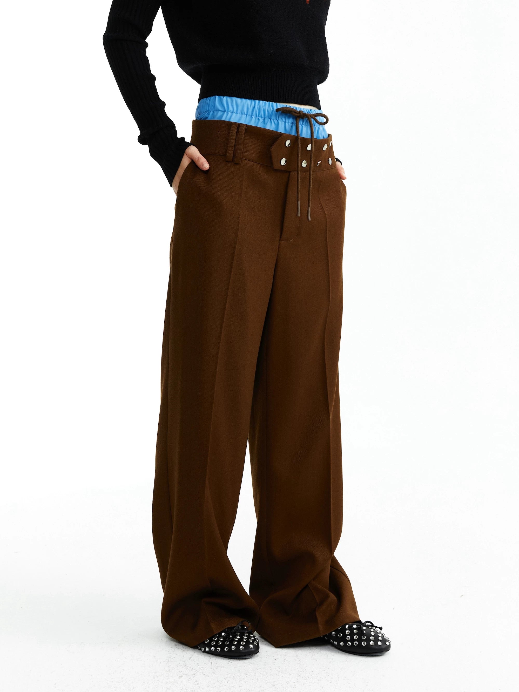 YOSHUYUKI Low Rise Faux Two Piece Casual Unisex Viscose Blend Blue Brown Stretch Pants-1