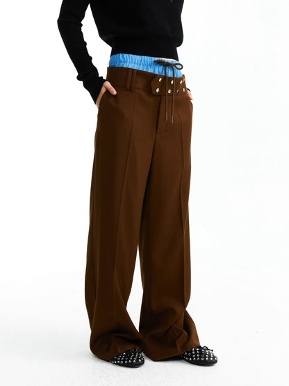 YOSHUYUKI Low Rise Faux Two Piece Casual Unisex Viscose Blend Blue Brown Stretch Pants-1