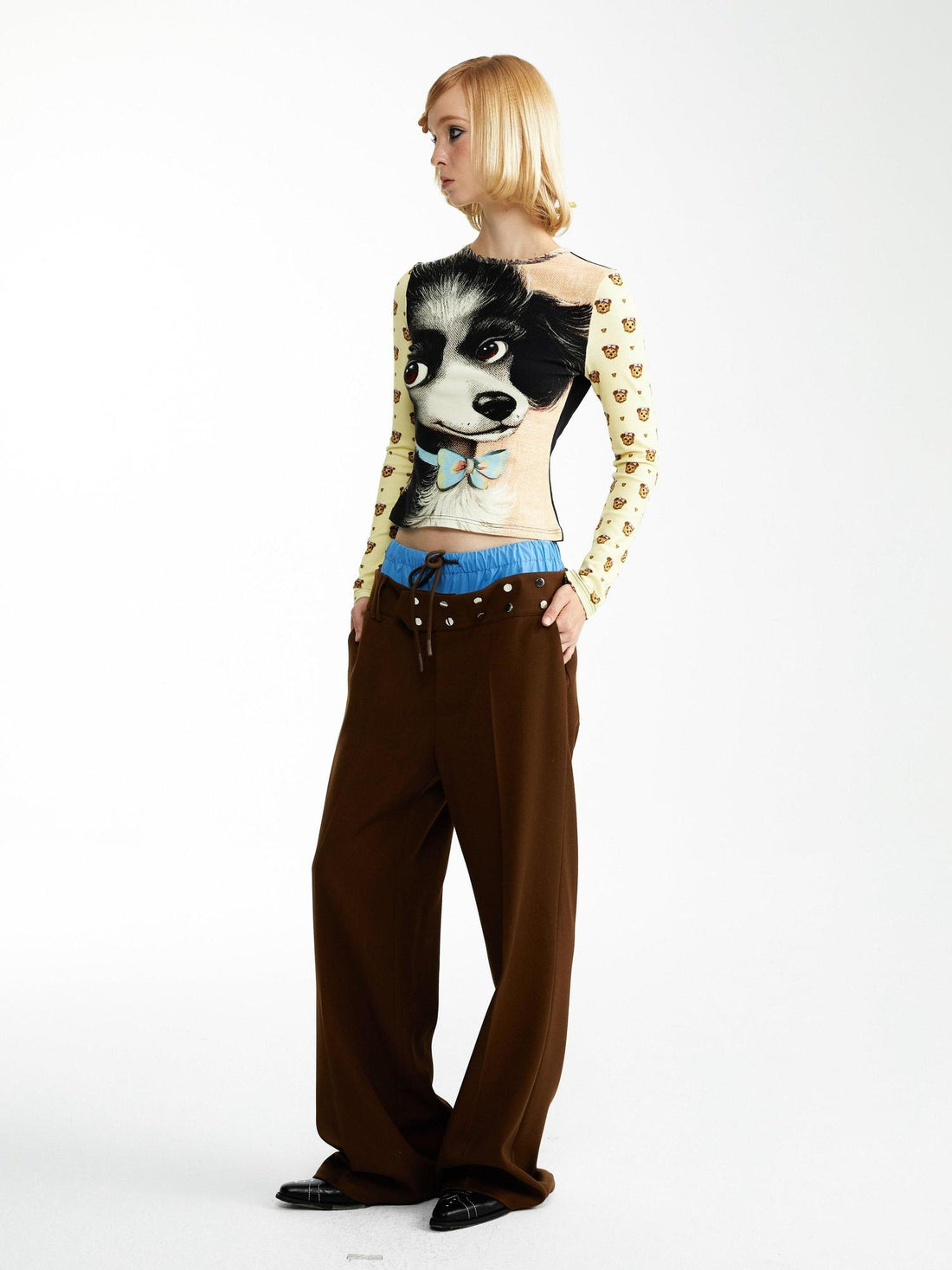 YOSHUYUKI Low Rise Faux Two Piece Casual Unisex Viscose Blend Blue Brown Stretch Pants