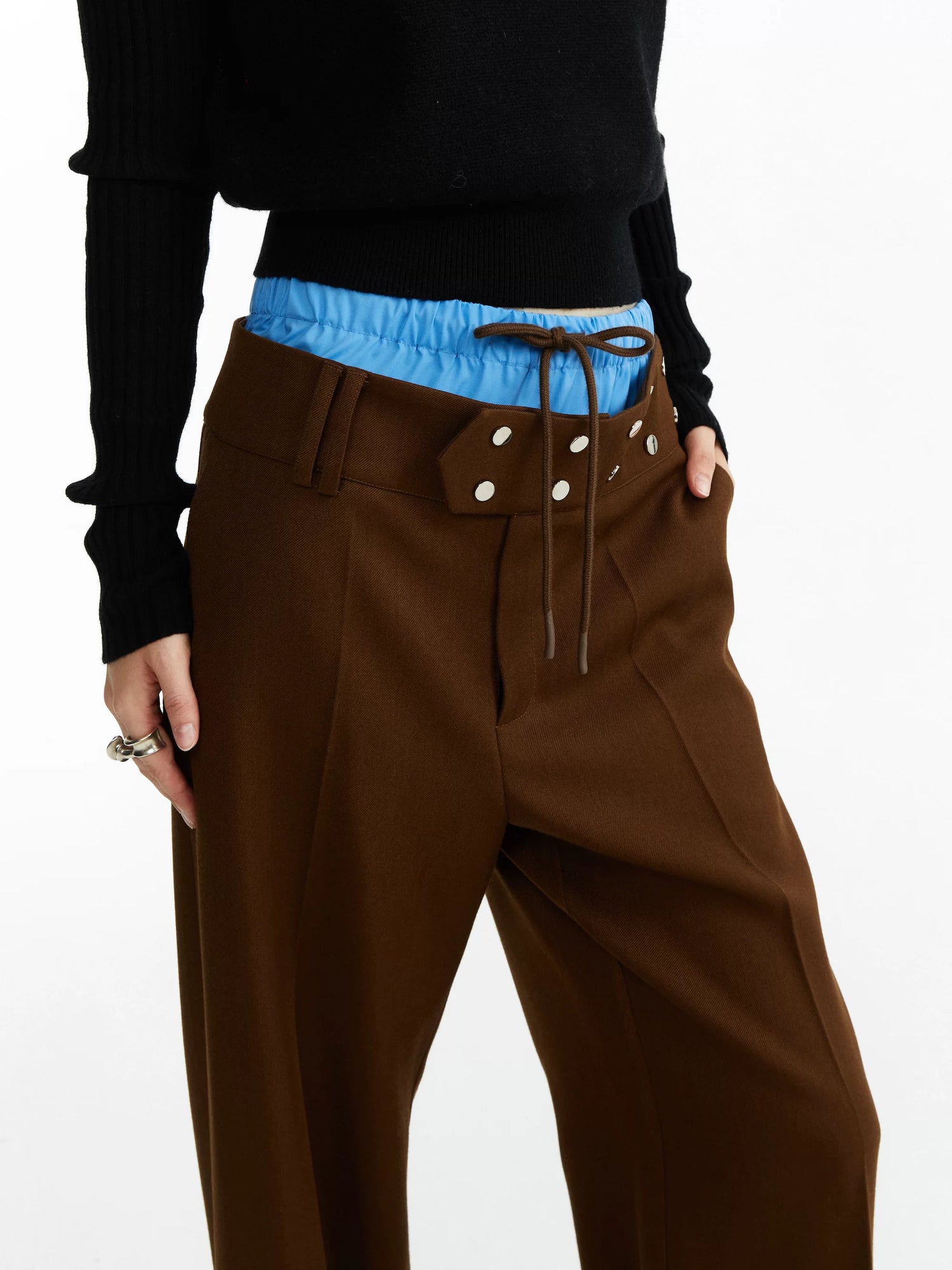 YOSHUYUKI Low Rise Faux Two Piece Casual Unisex Viscose Blend Blue Brown Stretch Pants-4