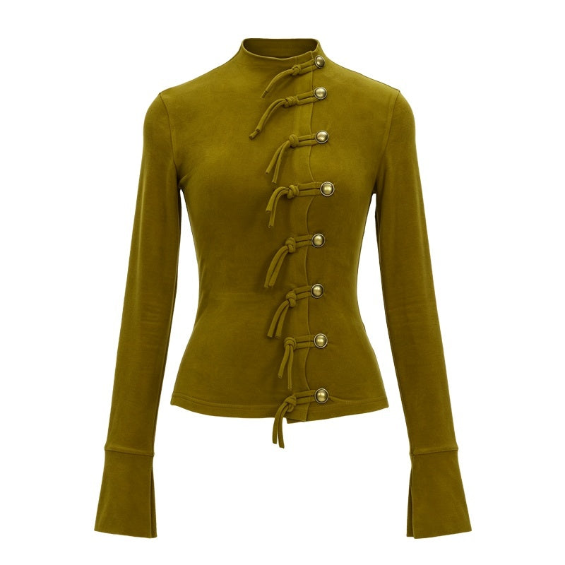 YOSHUYUKI_Moss_Green_Button_Front_Slim_Fit_Long_Sleeve_Knit_Women&