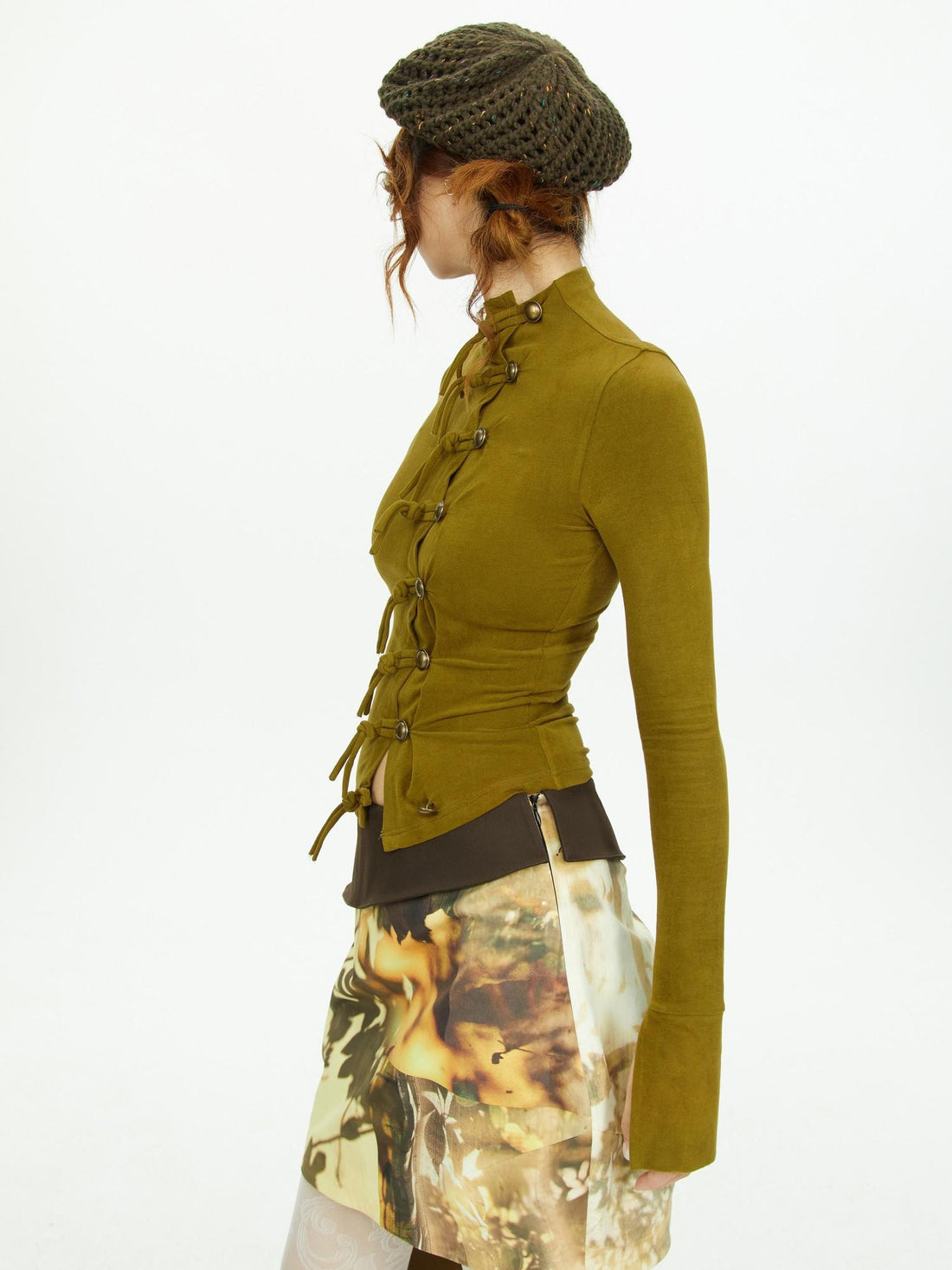 YOSHUYUKI Moss Green Button Front Slim Fit Long Sleeve Knit Women&