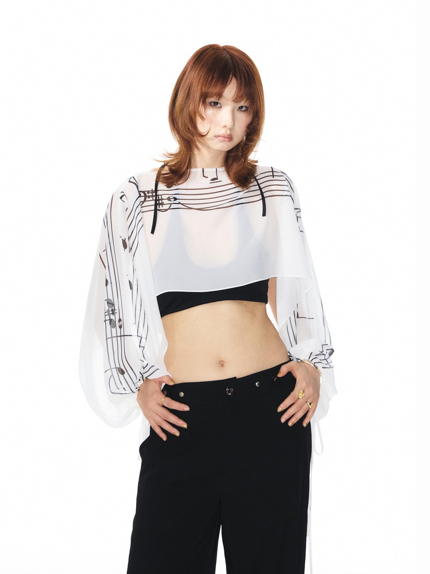 YOSHUYUKI Multicolor Music Note Print Round Neck Women&