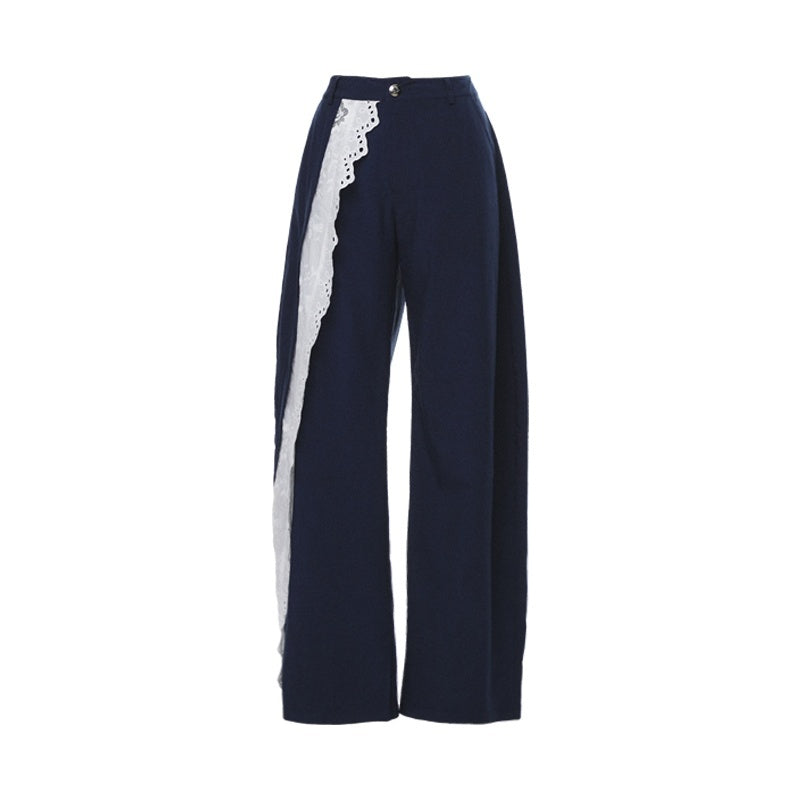 YOSHUYUKI_Navy_Spliced_Lace_Trim_Natural_Waist_Curved_Leg_Women&