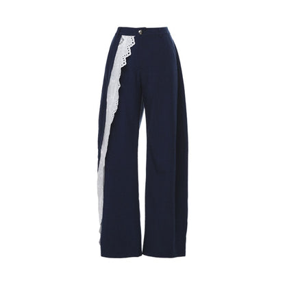 YOSHUYUKI_Navy_Spliced_Lace_Trim_Natural_Waist_Curved_Leg_Women&