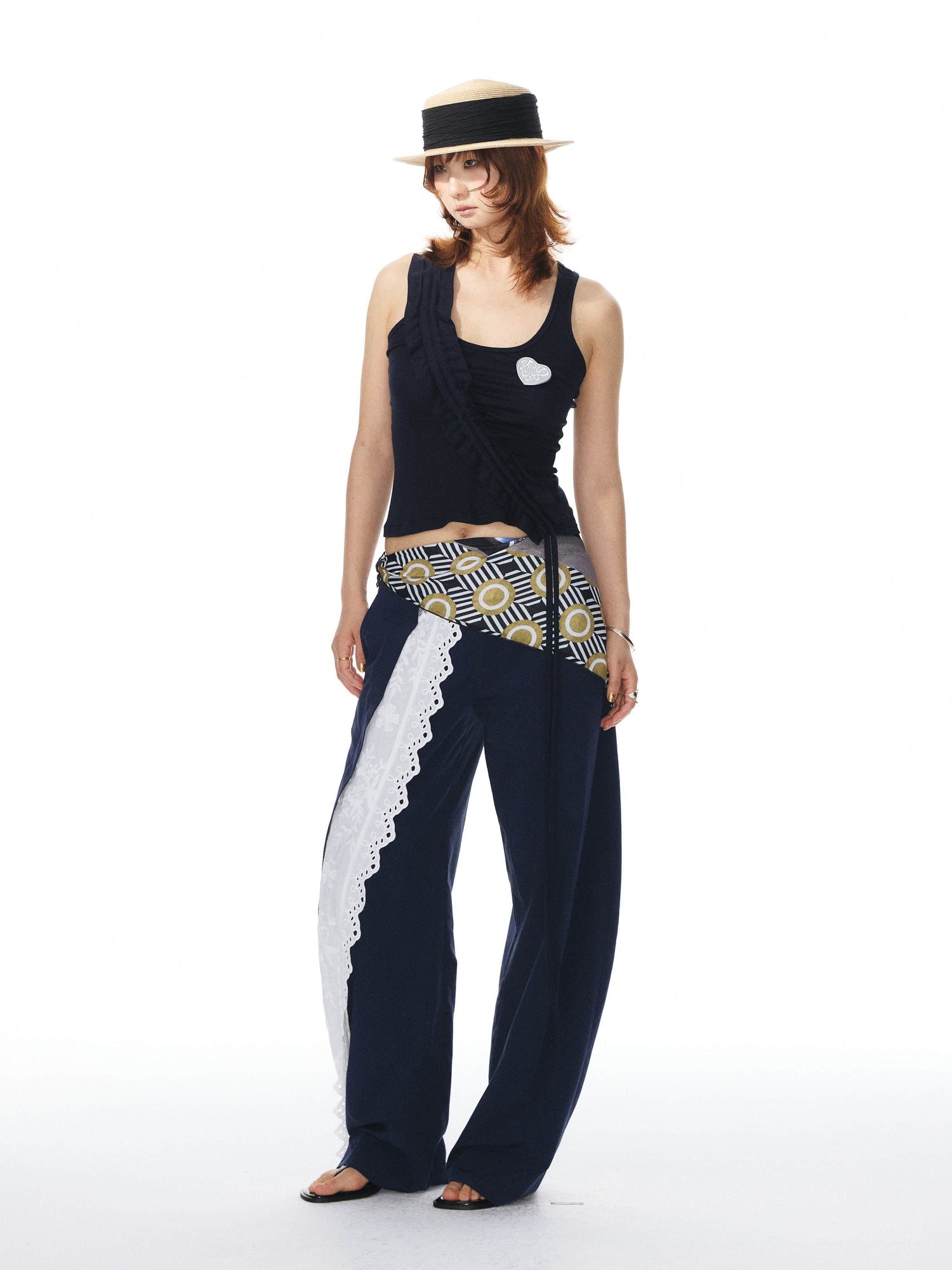 YOSHUYUKI_Navy_Spliced_Lace_Trim_Natural_Waist_Curved_Leg_Women&