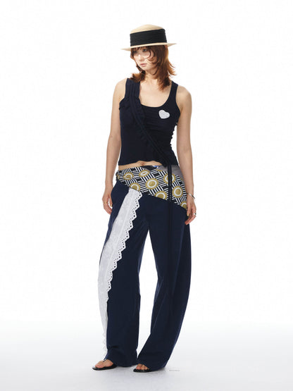 YOSHUYUKI_Navy_Spliced_Lace_Trim_Natural_Waist_Curved_Leg_Women&