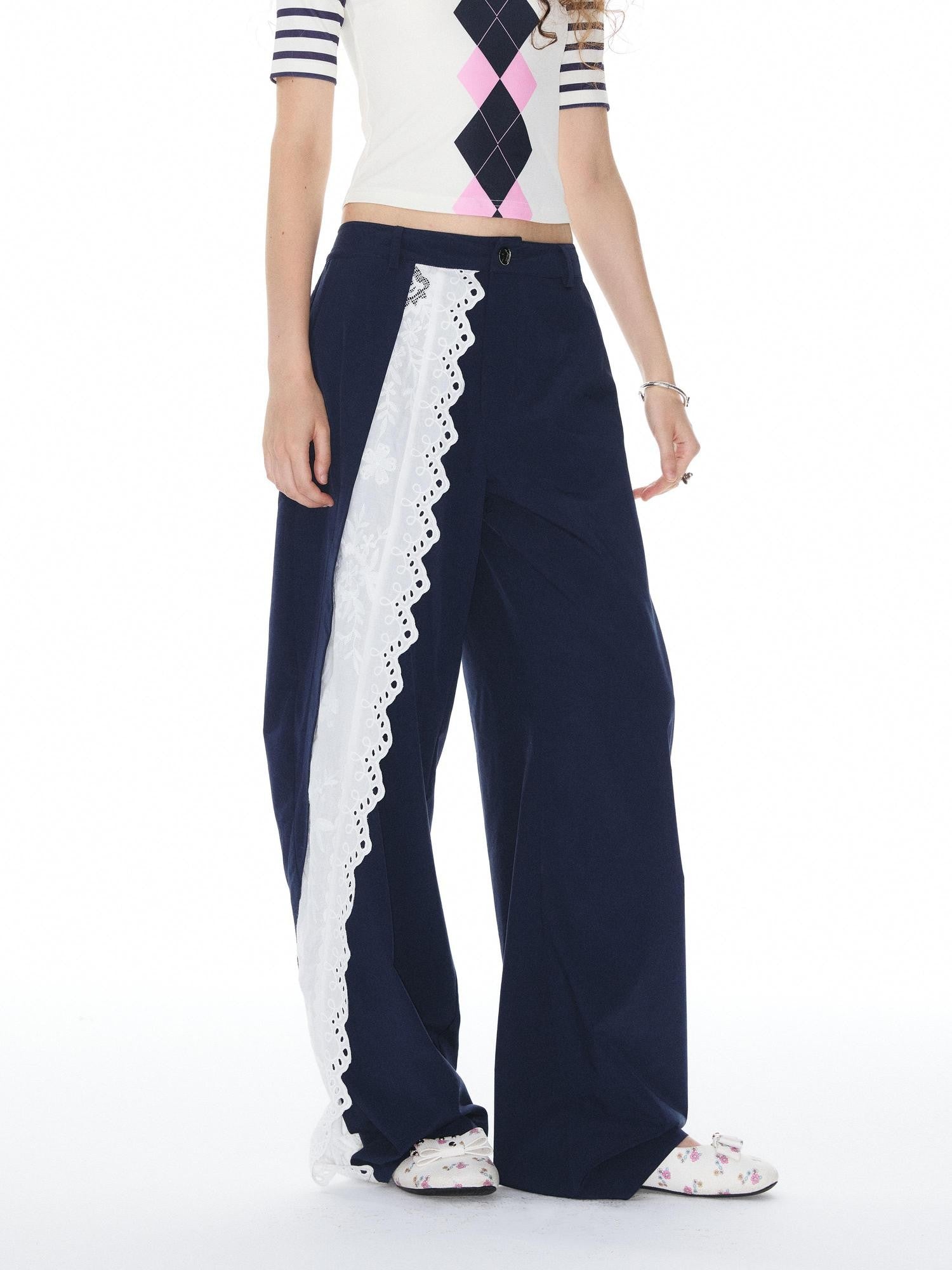 Navy Spliced Lace Trim Natural Waist Curved Leg Women&