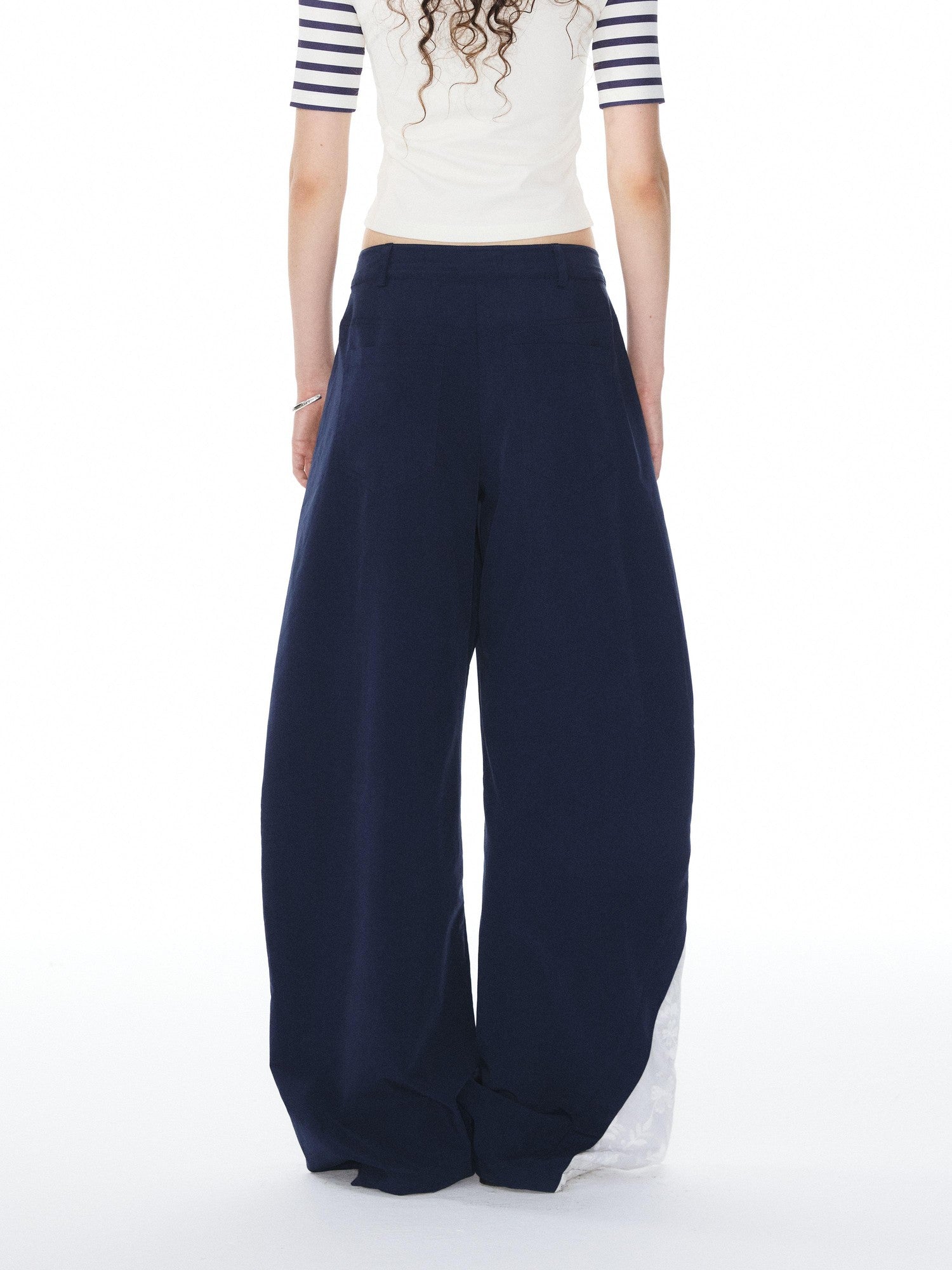 Navy Spliced Lace Trim Natural Waist Curved Leg Women&