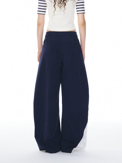 Navy Spliced Lace Trim Natural Waist Curved Leg Women&