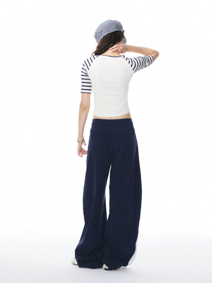 Navy Spliced Lace Trim Natural Waist Curved Leg Women&
