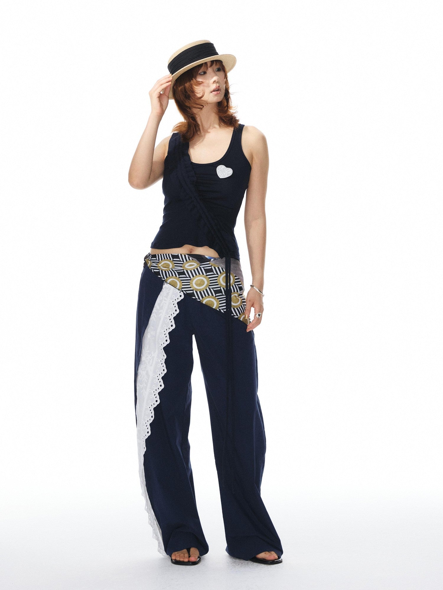 YOSHUYUKI Navy Spliced Lace Trim Natural Waist Curved Leg Women&