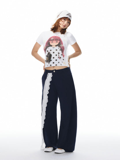 YOSHUYUKI Navy Spliced Lace Trim Natural Waist Curved Leg Women&