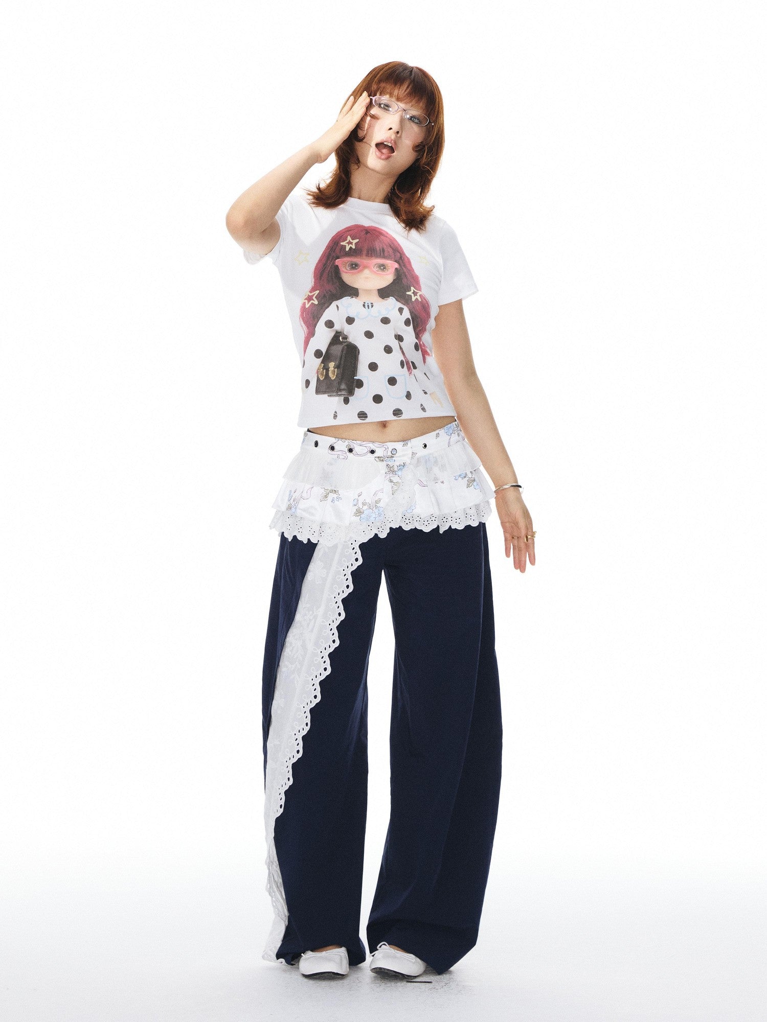 YOSHUYUKI Navy Spliced Lace Trim Natural Waist Curved Leg Women&