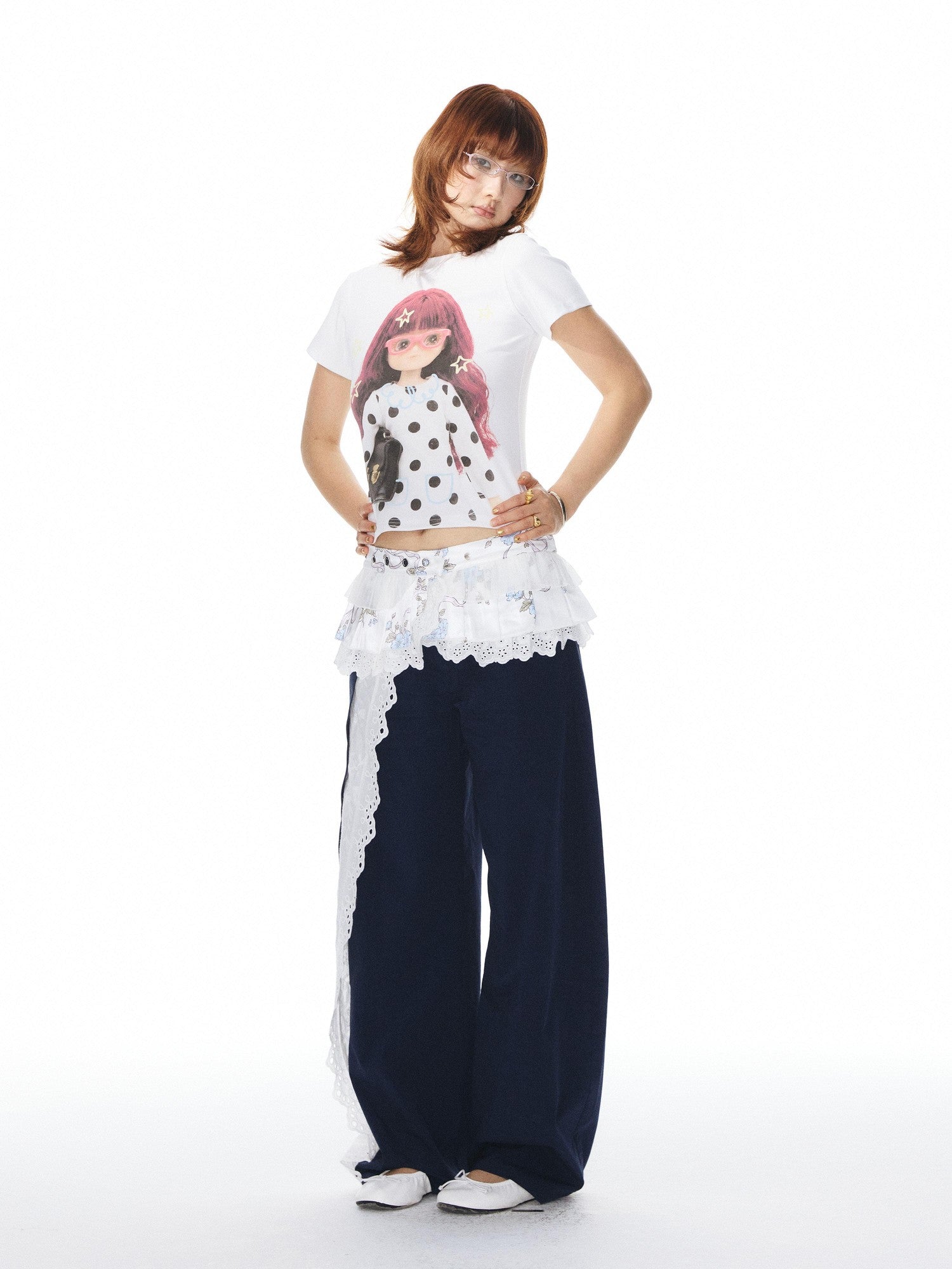 YOSHUYUKI Navy Spliced Lace Trim Natural Waist Curved Leg Women&