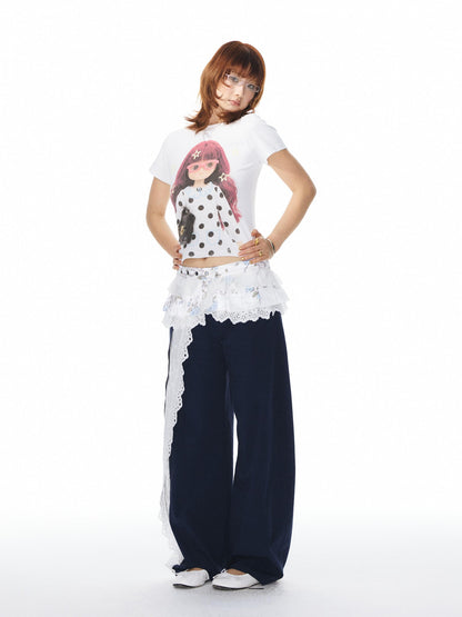 YOSHUYUKI Navy Spliced Lace Trim Natural Waist Curved Leg Women&