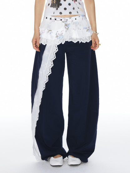 Navy Spliced Lace Trim Natural Waist Curved Leg Women&