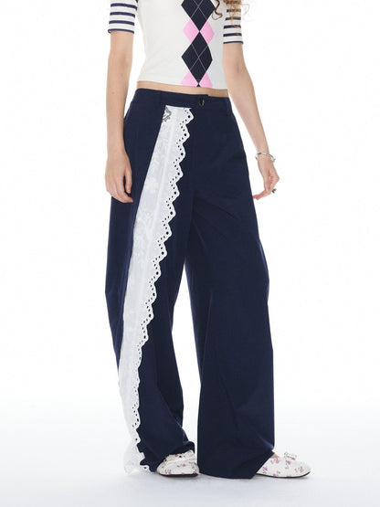 YOSHUYUKI Navy Spliced Lace Trim Natural Waist Curved Leg Women&