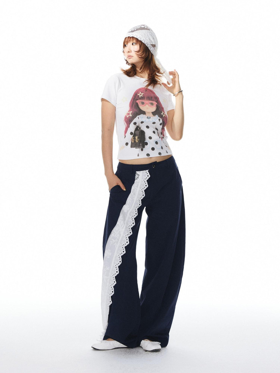 Navy Spliced Lace Trim Natural Waist Curved Leg Women&