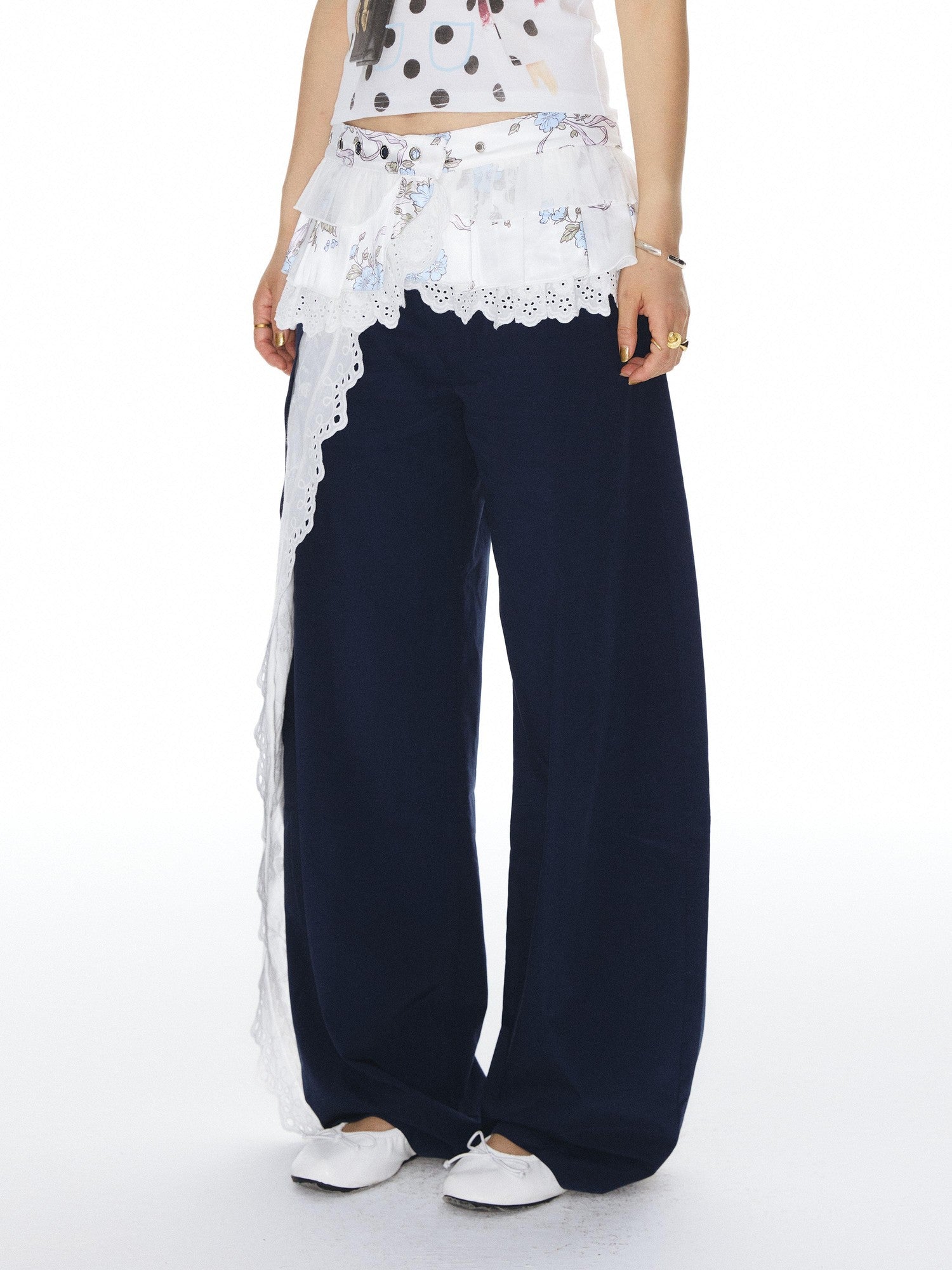Navy Spliced Lace Trim Natural Waist Curved Leg Women&