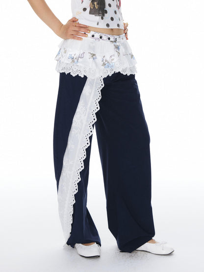 YOSHUYUKI Navy Spliced Lace Trim Natural Waist Curved Leg Women&