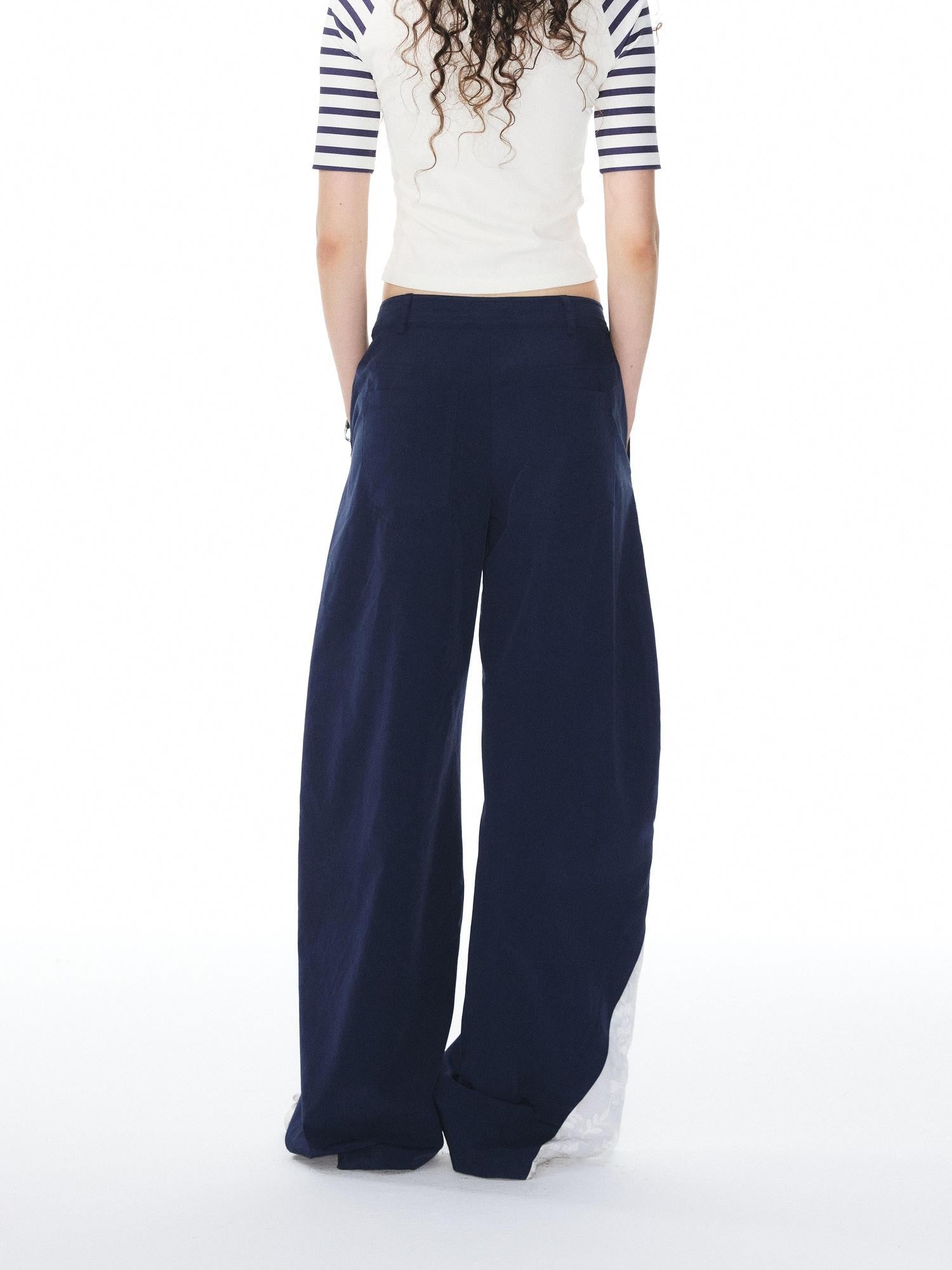 Navy Spliced Lace Trim Natural Waist Curved Leg Women&