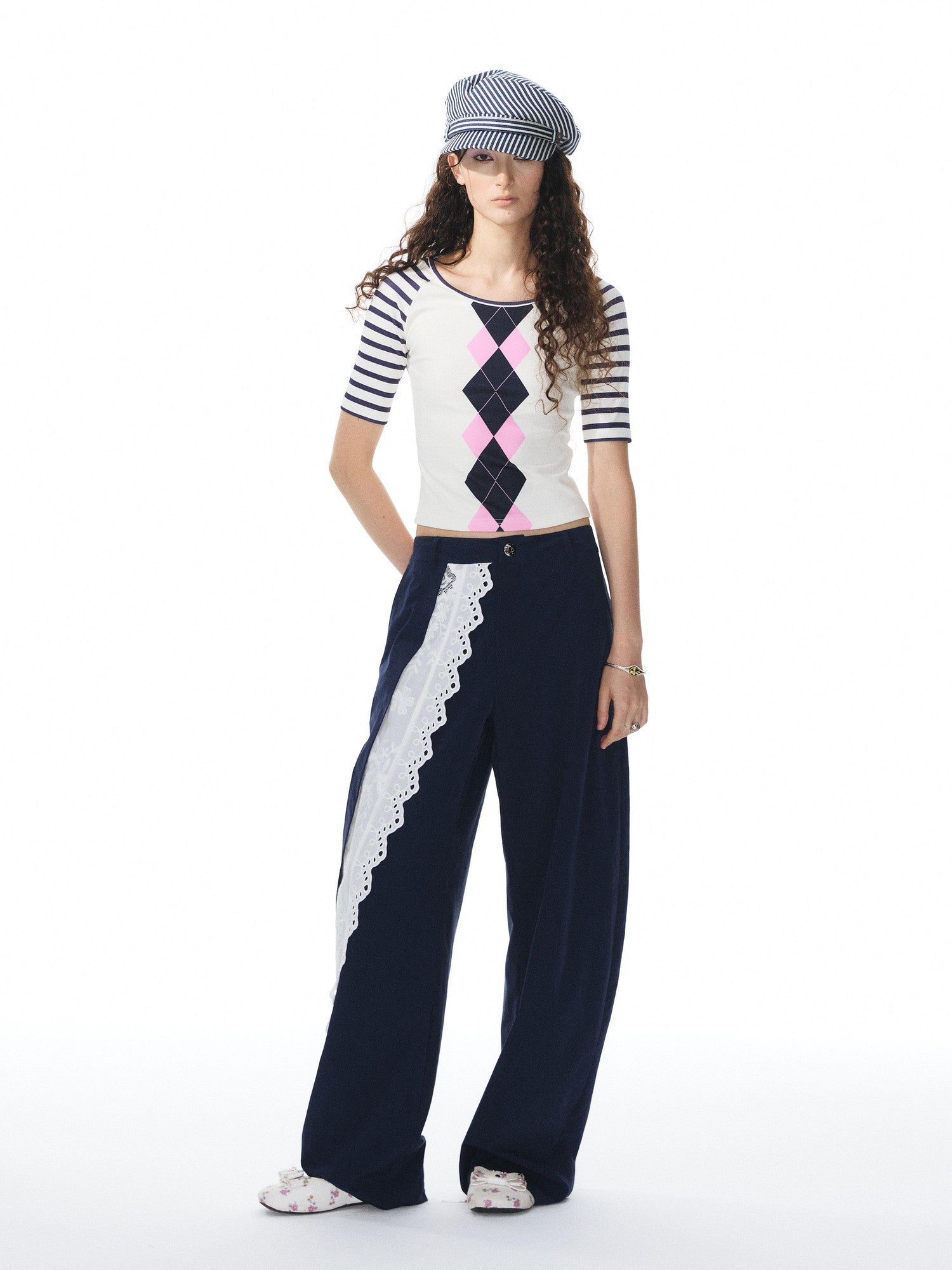 Navy Spliced Lace Trim Natural Waist Curved Leg Women&