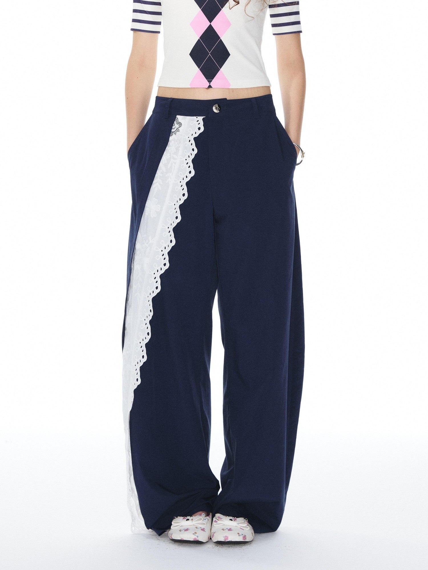 Navy Spliced Lace Trim Natural Waist Curved Leg Women&